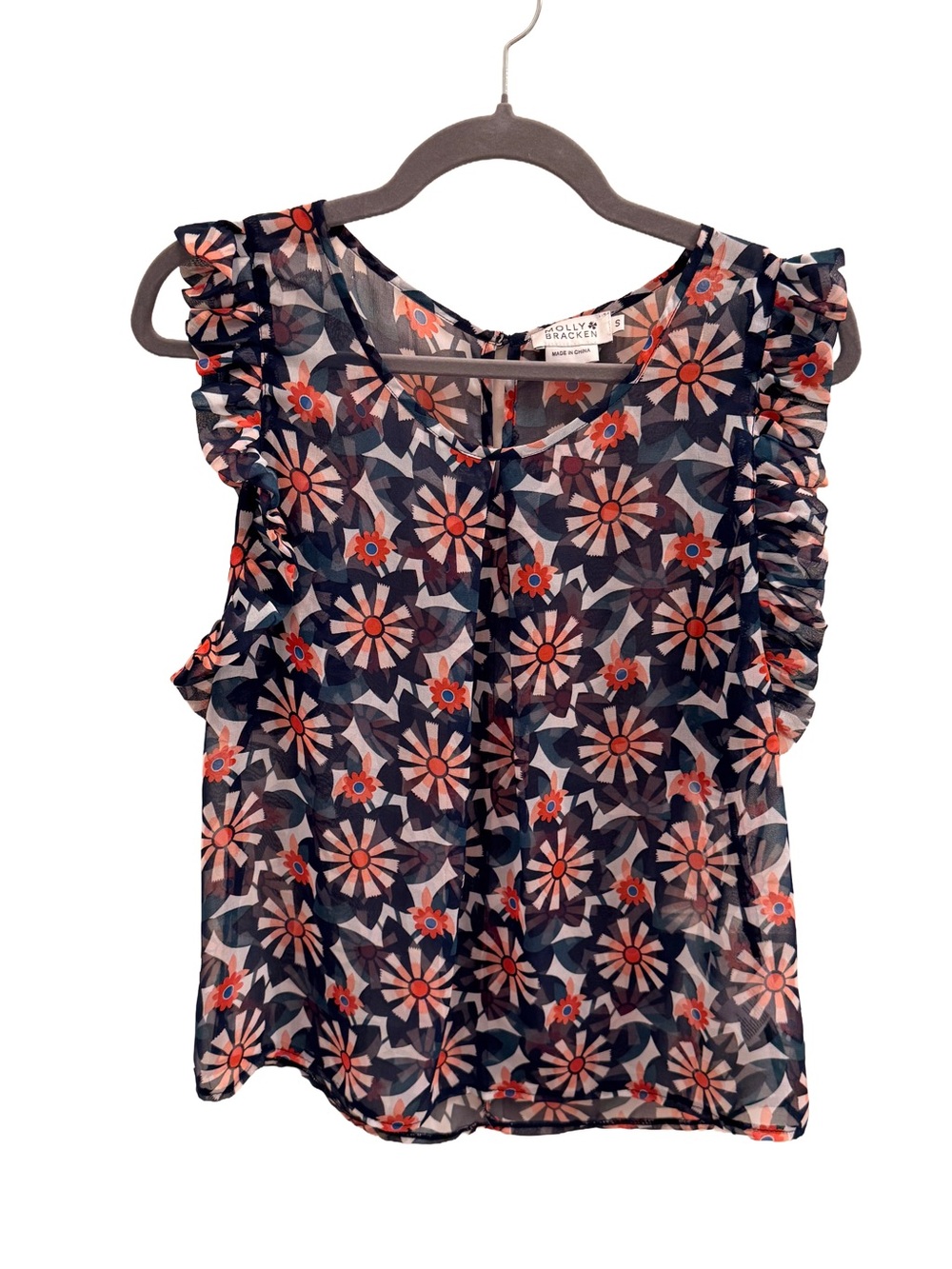 Molly Bracken Floral Ruffle Sleeveless Blouse - Navy with Coral Flowers